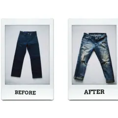 Zwei Bilder von Jeans: links eine dunkle, neue Jeans, rechts eine abgetragene, zerrissene Jeans. Die Jeans waschen grad.