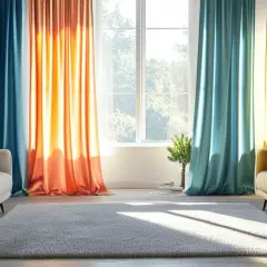 Bunte Vorhänge in Rot, Blau, Orange und Gelb erzeugen eine lebendige Atmosphäre. Die **Vorhangfarbe** und ihre **Wirkung** auf den Raum sind hier deutlich zu sehen.