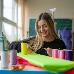 Junge Frau näht mit Nähmaschine. Bunte Garnrollen liegen neben leuchtend grünem, wasserdichtem Stoff zum Nähen.