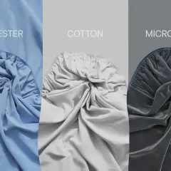 Vergleich von Polyester, Baumwolle und Mikrofaser: Stoffe in verschiedenen Farben und Texturen, die die Unterschiede zwischen Polyester vs. Baumwolle und Mikrofaser zeigen.