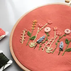 Zarte Stickereien auf Textilien zeigen eine Reihe von Blumen und Blättern in einem Stickrahmen. Fadenrollen liegen daneben.