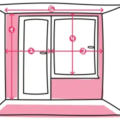 Illustration zeigt Maße für Gardinen bis Fensterbank oder Boden. Zahlen markieren Höhe und Breite von Tür und Fenster.
