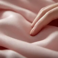 Sanfte Finger streicheln über zartrosa Cupro-Stoff. Das Material fällt weich und glatt, ideal zum Waschen und Pflegen.