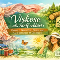 Viskose als Stoff erklärt: Vorteile, Nachteile, Pflege und Nachhaltigkeit im Überblick. Ein Kleid auf einer Schaufensterpuppe, Stoffballen, Spulen und Laborflaschen zeigen, was Viskose ist.