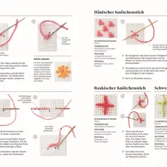 Stickmaterial für verschiedene Knoten- und Kreuzstiche: Knötchenstich, Wickelstich, Dänischer Knötchenstich, Baskischer Knötchenstich und Schwertstich.