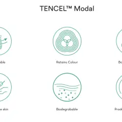 Sechs Icons, die die Vorteile von TENCEL™ Modal hervorheben: atmungsaktiv, farbbeständig, pflanzlichen Ursprungs, hautfreundlich, biologisch abbaubar und nachhaltig produziert.