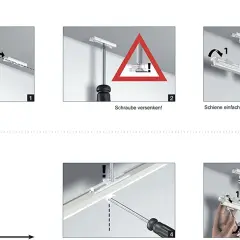 Anleitung zur Gardinia Vorhangschiene Montage: Bohren, Schrauben versenken, Schiene einklicken. Demontage wird ebenfalls gezeigt.