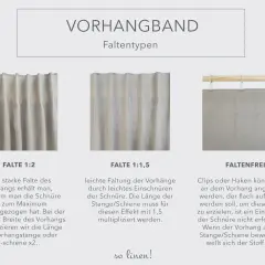 Drei Arten von Gardinenband: Falte 1:2 für starke Falten, Falte 1:1,5 für leichte Falten und Faltenfrei für einen glatten Look.