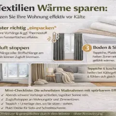 Textilien wie schwere Vorhänge und Teppiche dienen als Isolierstoff zum Nähen und helfen, Wärme zu sparen.