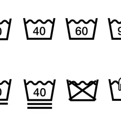 Symbole zum Waschen: verschiedene Temperaturen (30, 40, 60, 95 Grad), Schonwaschgang (30, 40 Grad) und Handwäsche.