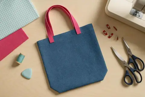 Blauer Beutel mit pinken Henkeln, bereit zum Nähen. Stoffreste, Garn, Schneiderkreide, Schere und Nähclips liegen daneben – ein **beutel schnittmuster**-Projekt.