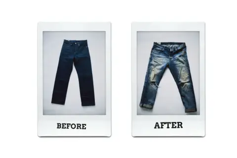 Zwei Bilder von Jeans: links eine dunkle, neue Jeans, rechts eine abgetragene, zerrissene Jeans. Die Jeans waschen grad.