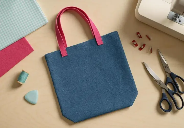 Blauer Beutel mit pinken Henkeln, bereit zum Nähen. Stoffreste, Garn, Schneiderkreide, Schere und Nähclips liegen daneben – ein **beutel schnittmuster**-Projekt.