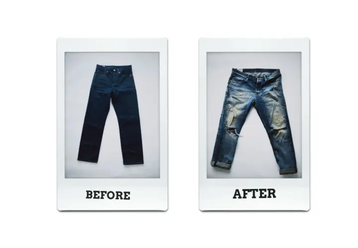 Zwei Bilder von Jeans: links eine dunkle, neue Jeans, rechts eine abgetragene, zerrissene Jeans. Die Jeans waschen grad.
