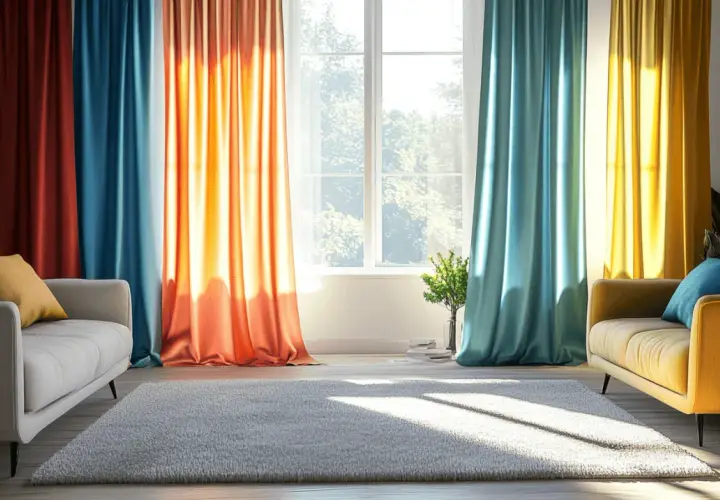 Bunte Vorhänge in Rot, Blau, Orange und Gelb erzeugen eine lebendige Atmosphäre. Die **Vorhangfarbe** und ihre **Wirkung** auf den Raum sind hier deutlich zu sehen.