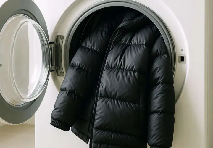 Schwarze Daunenjacke in einer Waschmaschine. Achten Sie auf die richtige Temperatur beim **daunen waschen temperatur**, damit die Füllung nicht beschädigt wird.