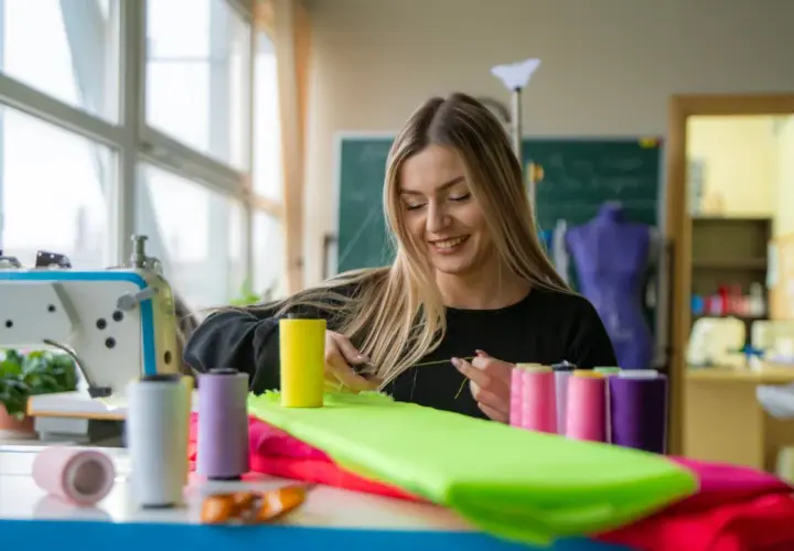 Junge Frau näht mit Nähmaschine. Bunte Garnrollen liegen neben leuchtend grünem, wasserdichtem Stoff zum Nähen.