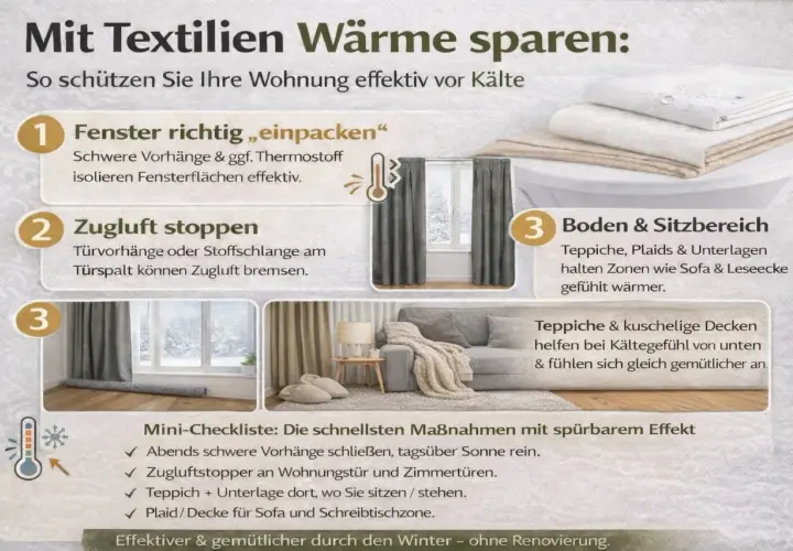 Graue, schwere Vorhänge hängen vor einem Fenster und isolieren es. Eine **Gardine vor Heizung** schützt vor Kälte.