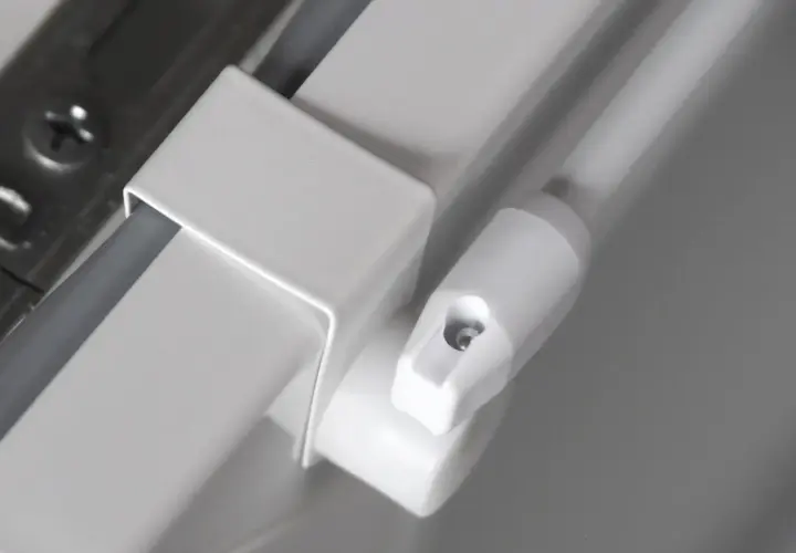 Detailaufnahme einer weißen Gardinenstange, die nur an den Seiten befestigt ist. Ein Teil der Halterung ist sichtbar.