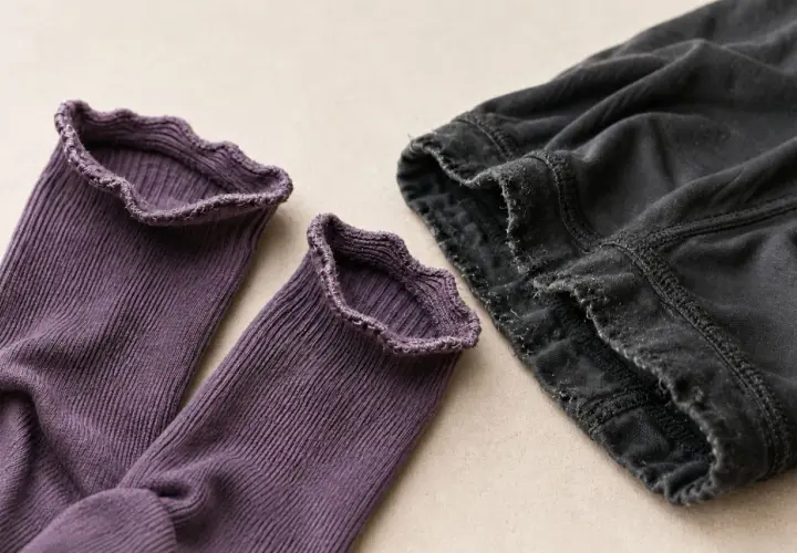 Lila Socken mit Rüschenrand und dunkle Hose. Elasthan Nachteile: Der Stoff kann ausleiern und die Nähte fransen.