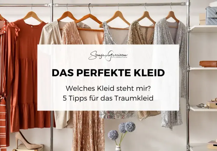 Kleiderbügel mit verschiedenen Kleidern, von schlicht bis glitzernd. Hier findest du Inspiration, um Kleider selber zu machen, die perfekt zu dir passen.