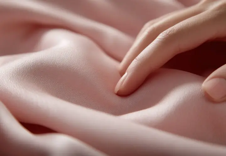 Sanfte Finger streicheln über zartrosa Cupro-Stoff. Das Material fällt weich und glatt, ideal zum Waschen und Pflegen.