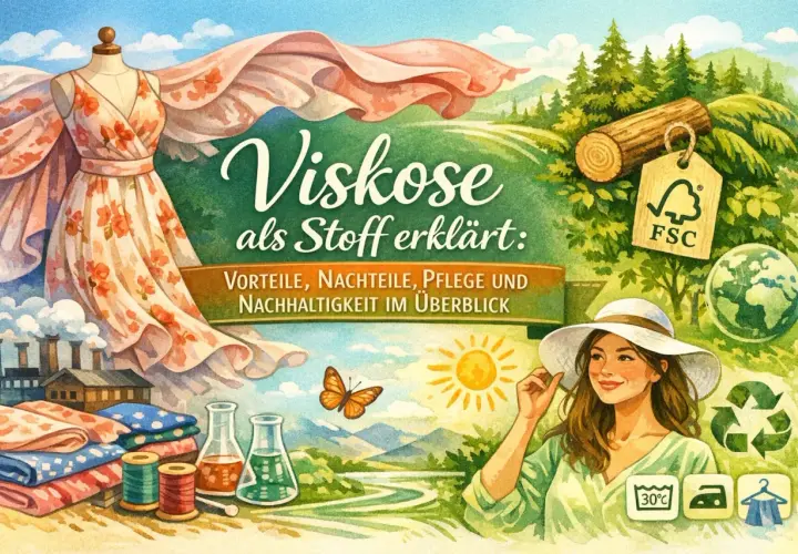 Viskose als Stoff erklärt: Vorteile, Nachteile, Pflege und Nachhaltigkeit im Überblick. Ein Kleid auf einer Schaufensterpuppe, Stoffballen, Spulen und Laborflaschen zeigen, was Viskose ist.