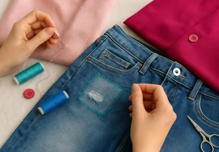 Hände flicken mit Nadel und Faden eine Jeans. Garnrollen und Knöpfe liegen bereit.