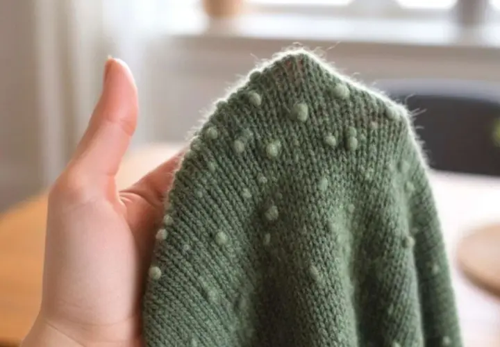 Grüner Strickpullover mit Noppenmuster, gehalten von einer Hand. Die feine Merinowolle fusselt leicht am Rand.