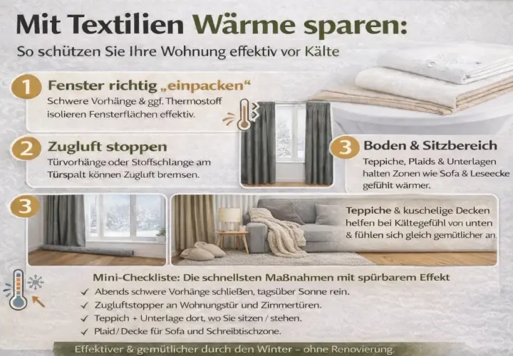 Textilien wie schwere Vorhänge und Teppiche dienen als Isolierstoff zum Nähen und helfen, Wärme zu sparen.