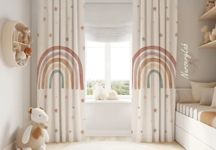 Traumhafte kinderzimmer fenster ideen mit Sternen und Regenbogen-Vorhängen. Ein Teddybär sitzt auf dem Boden.