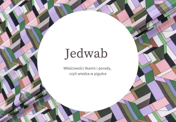 Abstraktes Muster auf Stoff, das an Kunstseide erinnert. Der Text "Jedwab" und weitere Informationen sind in einem Kreis platziert.