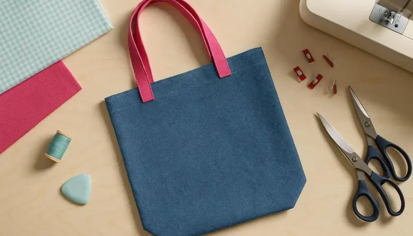 Blauer Beutel mit pinken Henkeln, bereit zum Nähen. Stoffreste, Garn, Schneiderkreide, Schere und Nähclips liegen daneben – ein **beutel schnittmuster**-Projekt.