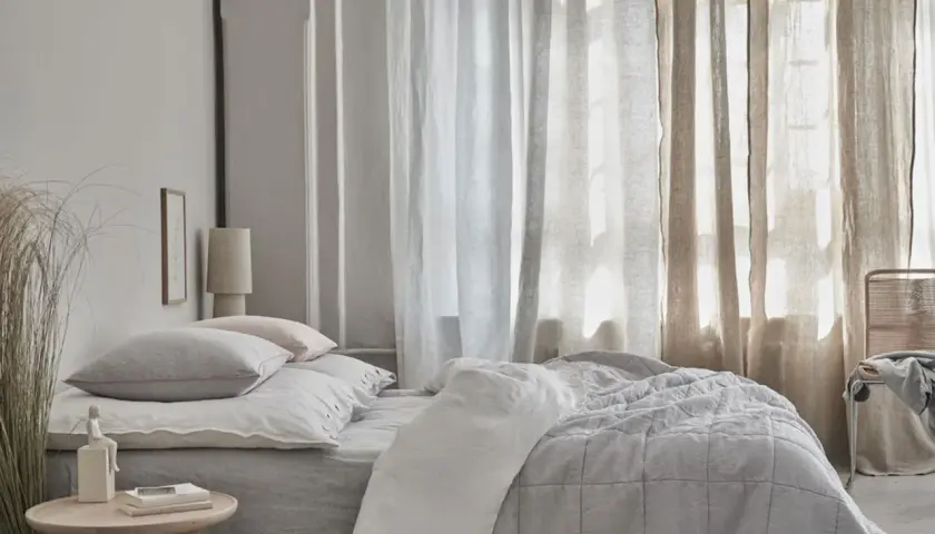 Schlafzimmer mit Bett, Kissen und Vorhängen. Kreative Gardinen Ideen für ein gemütliches Ambiente.