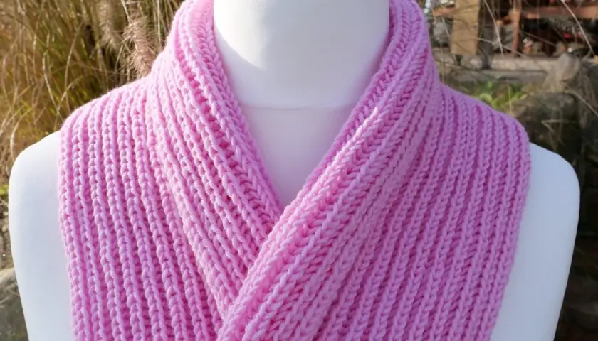 Ein rosa gestrickter Schal mit einem einfachen Rippenmuster, perfekt für Anfänger.