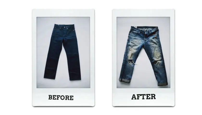 Zwei Bilder von Jeans: links eine dunkle, neue Jeans, rechts eine abgetragene, zerrissene Jeans. Die Jeans waschen grad.