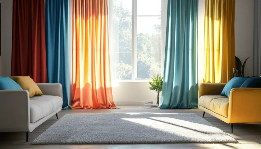 Bunte Vorhänge in Rot, Blau, Orange und Gelb erzeugen eine lebendige Atmosphäre. Die **Vorhangfarbe** und ihre **Wirkung** auf den Raum sind hier deutlich zu sehen.