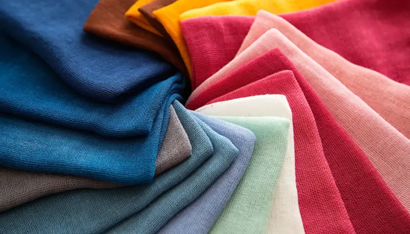 Stoffbahnen in verschiedenen Farben, von Blau über Grün bis Rosa und Braun, zeigen die Vielfalt beim polyester färben.