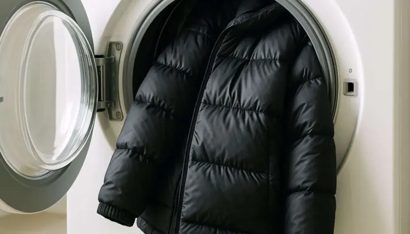 Schwarze Daunenjacke in einer Waschmaschine. Achten Sie auf die richtige Temperatur beim **daunen waschen temperatur**, damit die Füllung nicht beschädigt wird.