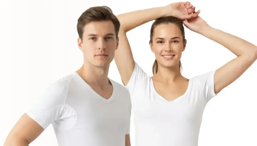 Mann und Frau tragen weiße Unterhemden. Sie zeigen, wie frisch und sauber sie sich fühlen, als ob sie gerade ihre Unterhemden waschen würden.
