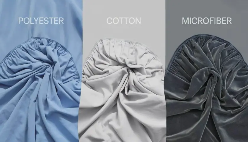 Vergleich von Polyester, Baumwolle und Mikrofaser: Stoffe in verschiedenen Farben und Texturen, die die Unterschiede zwischen Polyester vs. Baumwolle und Mikrofaser zeigen.