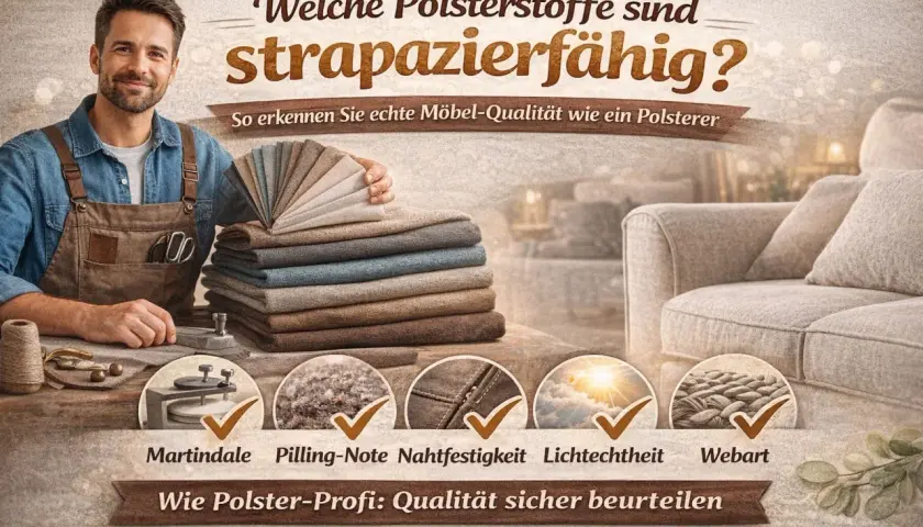Ein Polsterer zeigt Stoffmuster für die Textilherstellung. Er erklärt, wie man strapazierfähige Polsterstoffe erkennt, z.B. Martindale, Pilling-Note, Nahtfestigkeit, Lichtechtheit und Webart.