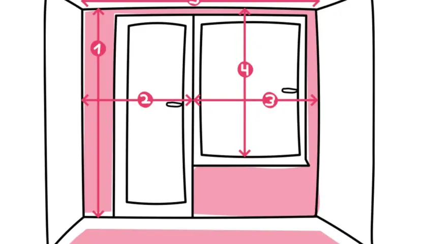 Illustration zeigt Maße für Gardinen bis Fensterbank oder Boden. Zahlen markieren Höhe und Breite von Tür und Fenster.