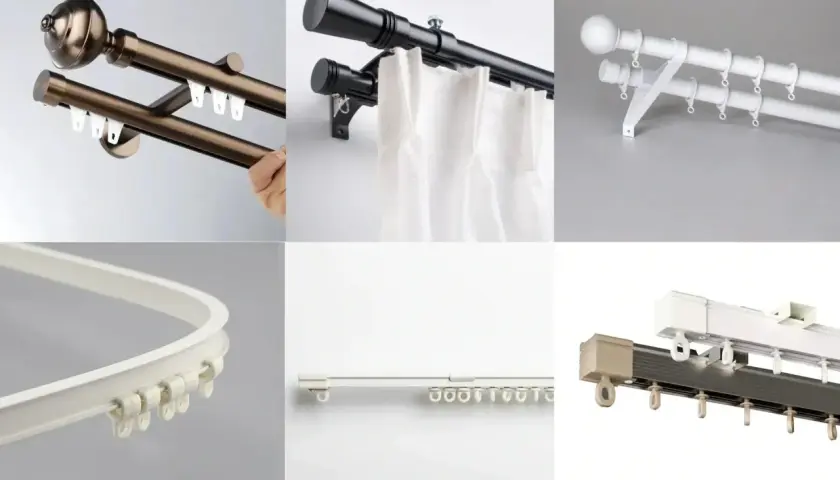 Verschiedene Modelle von gardinenschiene oder stange, darunter Doppelstangen, weiße Stangen mit Ringen und flexible Schienen.