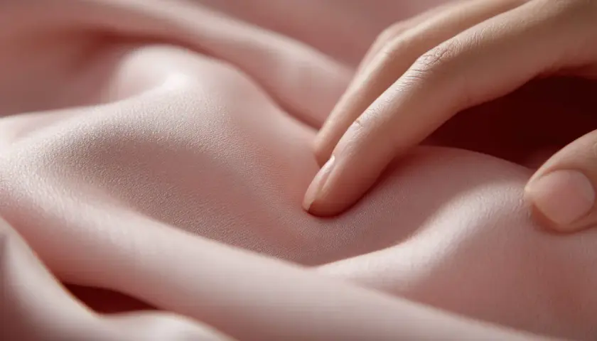 Sanfte Finger streicheln über zartrosa Cupro-Stoff. Das Material fällt weich und glatt, ideal zum Waschen und Pflegen.