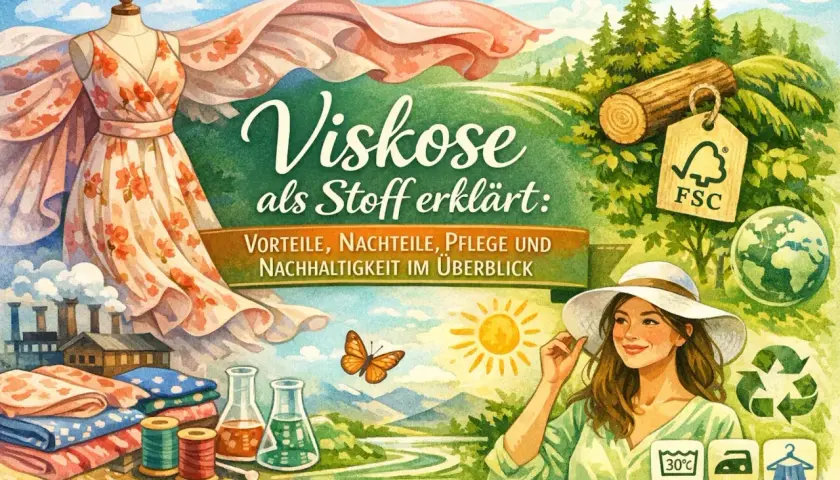 Viskose als Stoff erklärt: Vorteile, Nachteile, Pflege und Nachhaltigkeit im Überblick. Ein Kleid auf einer Schaufensterpuppe, Stoffballen, Spulen und Laborflaschen zeigen, was Viskose ist.