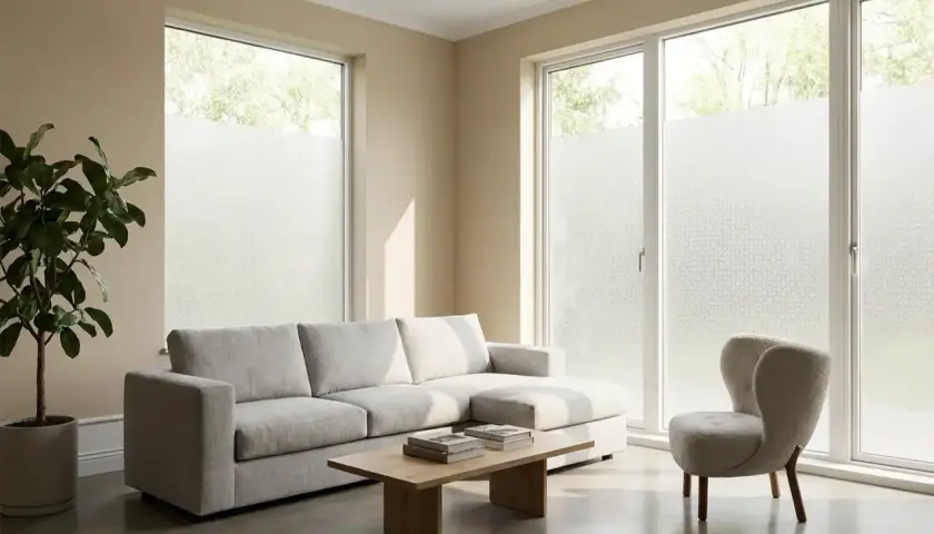 Helles Wohnzimmer mit grauem Sofa, Couchtisch und Sessel. Die Fenster sind mit Milchglasfolie beklebt, die das Licht sanft filtert. Die Folie ist so gestaltet, dass sie wie feine Gardinen färben wirkt.