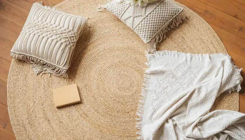 Runder Jute-Teppich mit Kissen und Decke. Jute ist ein Naturmaterial, das für seine Strapazierfähigkeit und seinen rustikalen Charme bekannt ist.