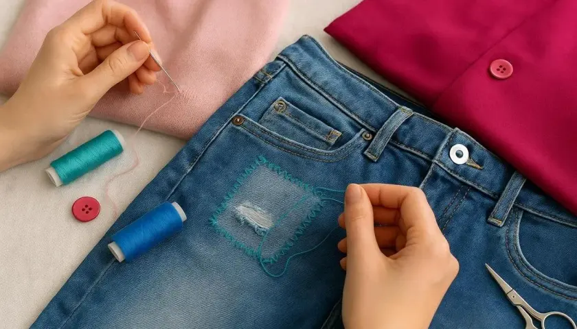 Hände flicken mit Nadel und Faden eine Jeans. Garnrollen und Knöpfe liegen bereit.