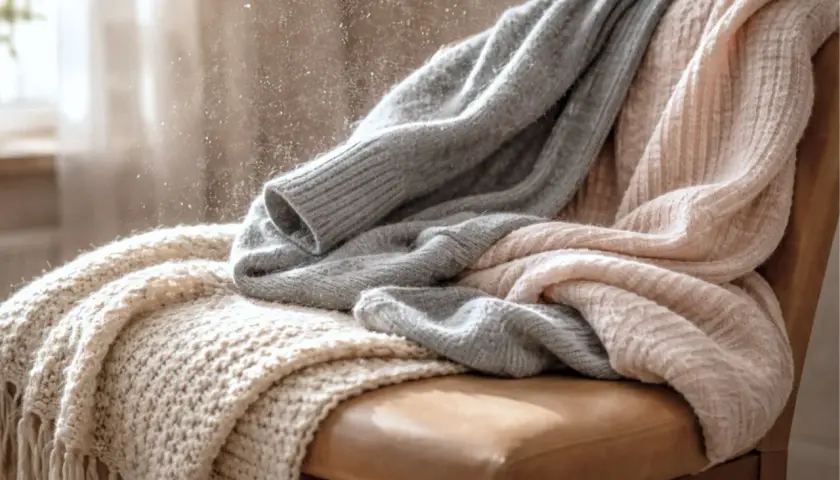 Weiche Decken aus Polyester, die auf einem Stuhl liegen. Staubpartikel tanzen im Sonnenlicht.